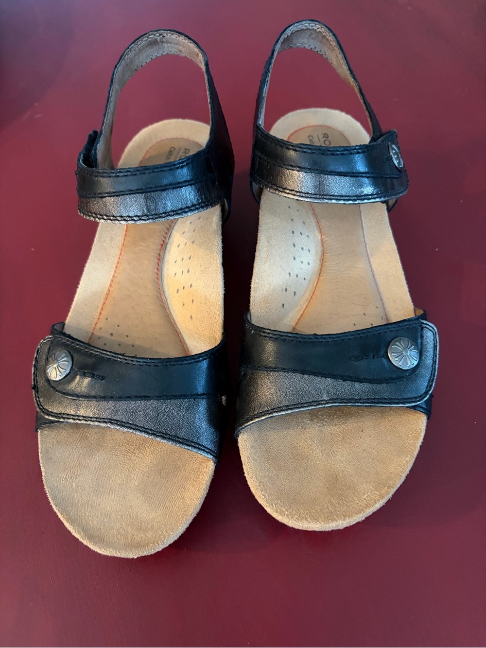 Rockport Black Leather Adjustable Slingback Sandals with Tan Footbed
